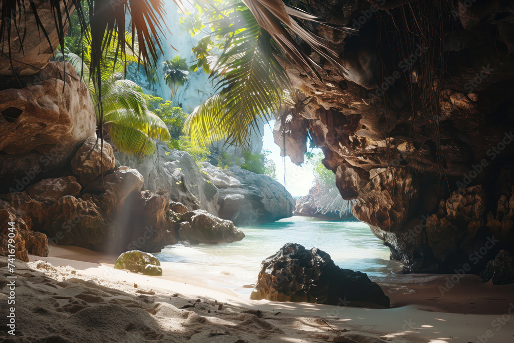 Poster cave in the caribbean sea. a scenery for an adventurous quest. background image. created with genera