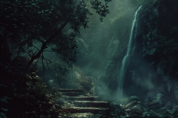 Waterfall in the forest. A scenery for an adventurous quest. Background image. Created with Generative AI technology.