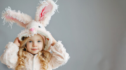 A child in a rabbit costume. Easter Day. Free space for text.