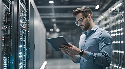 Smart IT engineer working in data center using digital tablet looking into data rack server cabinets running webhosting or maintenance. - Powered by Adobe