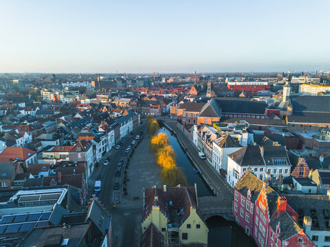 Aerial view of Gent Centrum along the Lieve river, Ghent, East Flanders, Belgium.