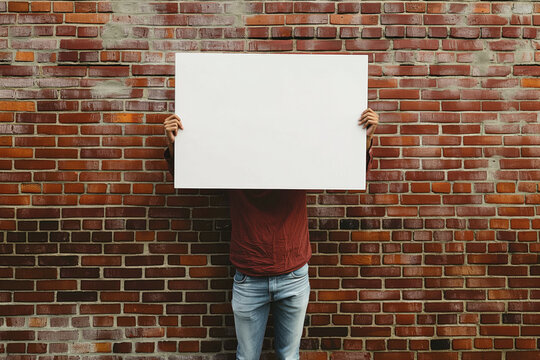 Portrait Of A Woman Holding A Blank White Sign. In Front Of A Brick Wall. 
