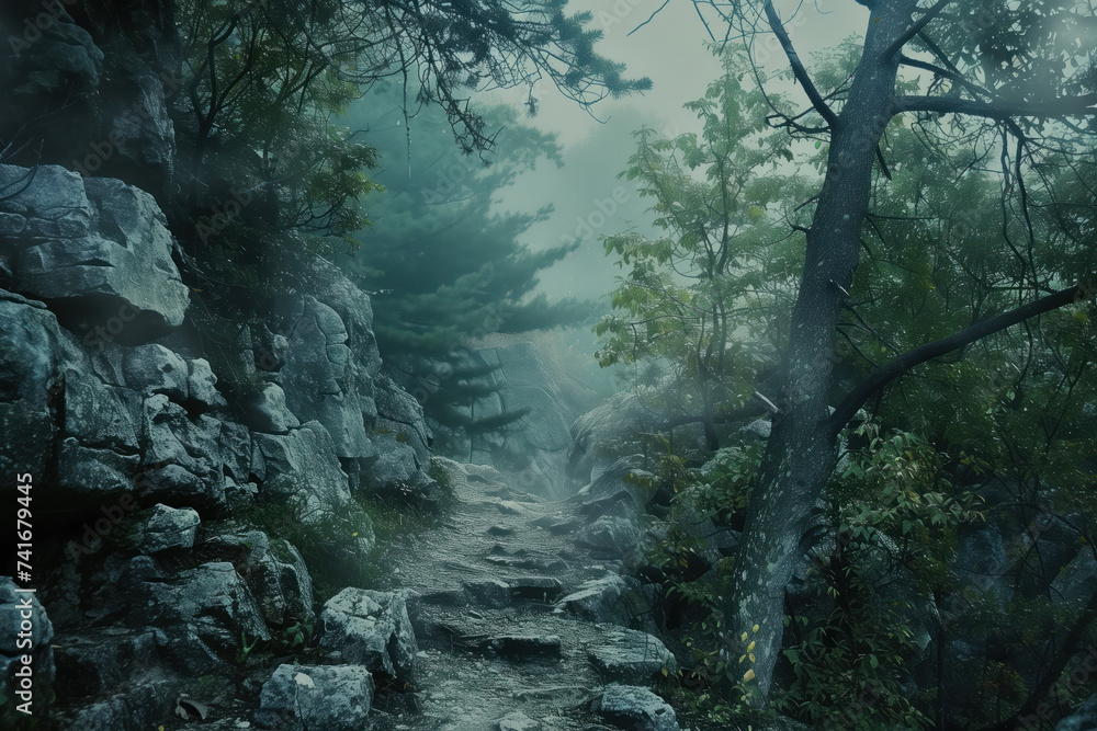 Poster misty morning in the forest. a scenery for an adventurous quest. background image. created with gene