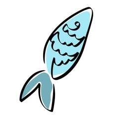 Blue fish, salmon, tuna, crucian carp. Aquarium inhabitant, sea food. Cute and simple sketch in one line style. Vector stock illustration on a white background, isolated.