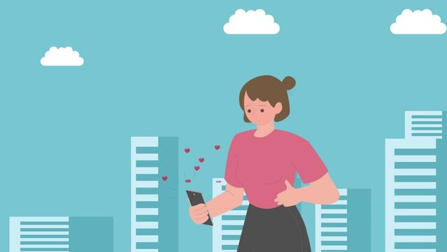 Young Woman Using Smartphone and Walking through city skyline Building in blue background.  Female Connected online in social media. Character cartoon Animation 