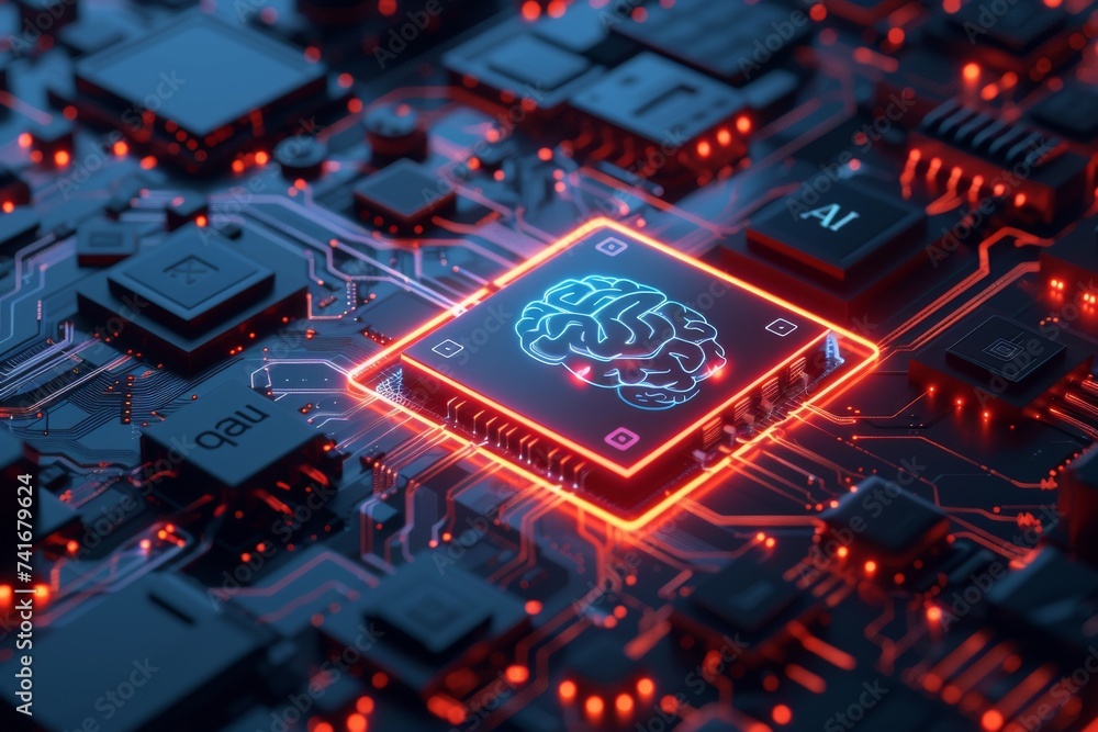 Poster ai brain chip healthtech integration. artificial intelligence autonomous vehicles mind neurological 