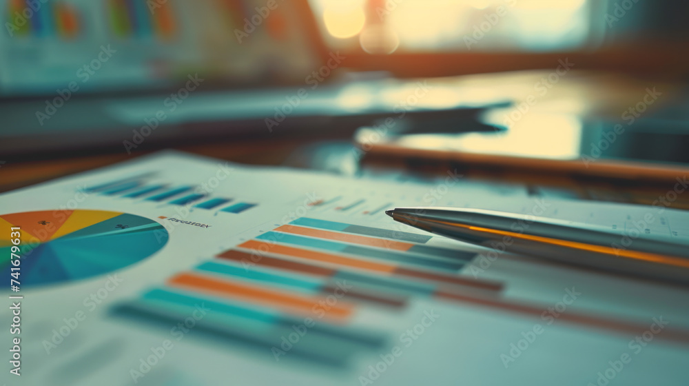 Poster close-up of a financial report with graphs and a pie chart, a pen resting on the paper, and a tablet