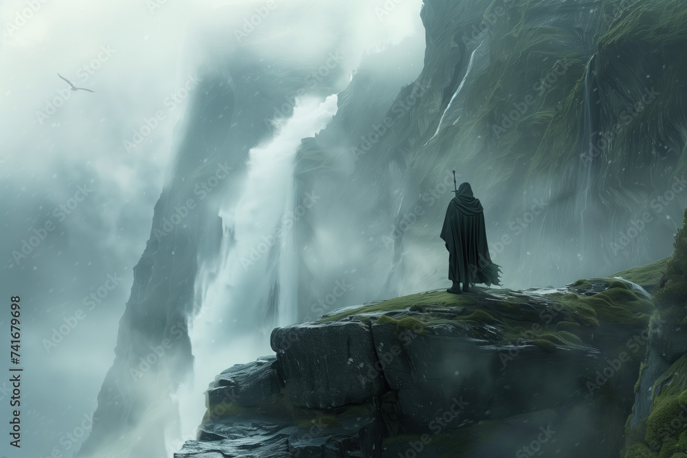 Poster waterfall in the mountains. a scenery for an adventurous quest. background image. created with gener