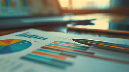 close-up of a financial report with graphs and a pie chart, a pen resting on the paper, and a tablet displaying additional colorful charts in the background. - obrazy, fototapety, plakaty