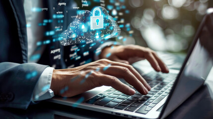 person's hands typing on a laptop with a digital overlay of a secure cloud network graphic, implying a focus on cybersecurity or data protection.