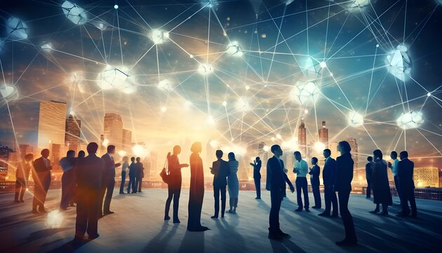 Concept de r&eacute;seau social professionnel, connections entre personnes Digital technology, global business network connection, data analysis, social media marketing, digital software development, teamwor