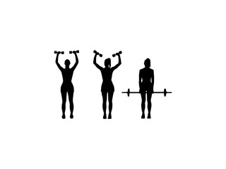 Set of woman's workout fitness silhouette. A girl works with a barbell, dumbbell, and powerlifter at a gym isolated on a white background.
