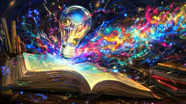 Exploding Light Bulb Over Open Book Unleashing Colorful Cosmic Energy