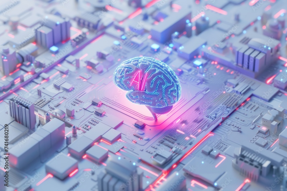 Poster ai brain chip neuronal modulation. artificial intelligence very long instruction word mind icon grid