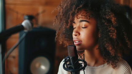 Passionate Singer with Microphone. Close-up of a young female singer recording vocals in a studio, with a microphone in focus and a warm light setting a serene mood - obrazy, fototapety, plakaty