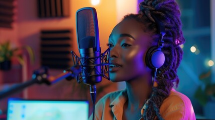 Passionate Singer with Microphone. Close-up of a young female singer recording vocals in a studio, with a microphone in focus and a warm light setting a serene mood