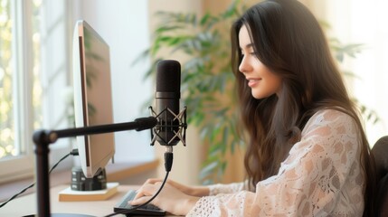 Young woman recording and broadcasting her podcast from homemade studio. Female  make asmr sounds, recording material to her social media, podcaster talk into microphone on table. Natural day light