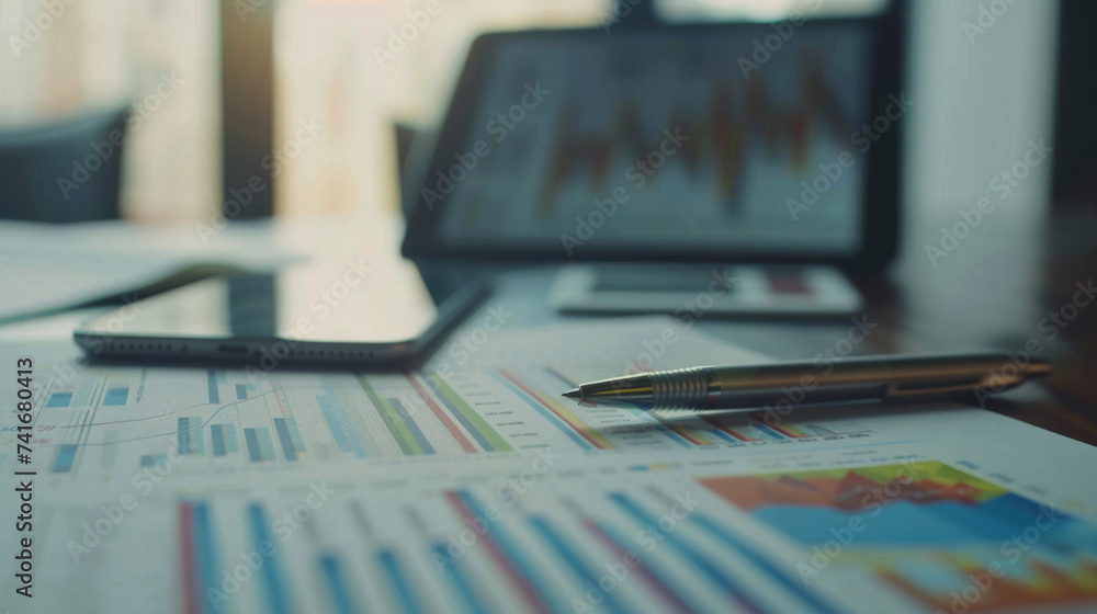 Poster close-up of a financial report with graphs and a pie chart, a pen resting on the paper, and a tablet