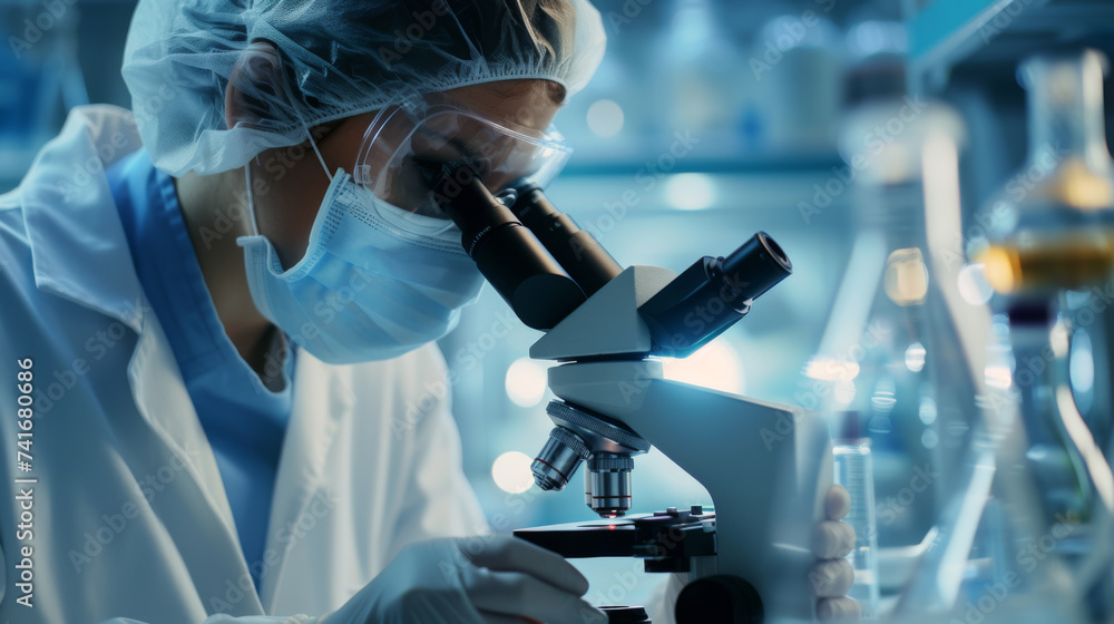 Poster scientist using a microscope in a laboratory setting, likely conducting research or analysis.