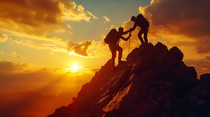 Two hikers with backpacks reach the mountain peak at sunset, showcasing achievement and adventure against a dramatic sky..