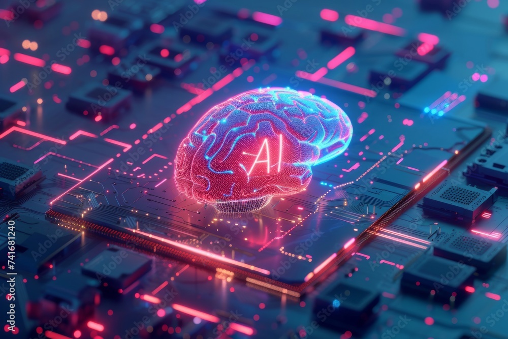 Poster ai brain chip informatics trend. artificial intelligence hypothalamus mind graphics processing unit 