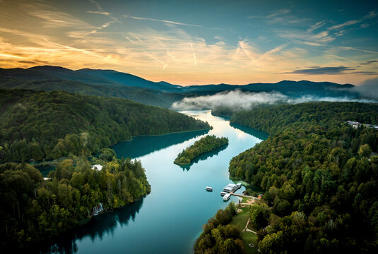 Aerial view of Plitvice National Park in Croatia at sunset.