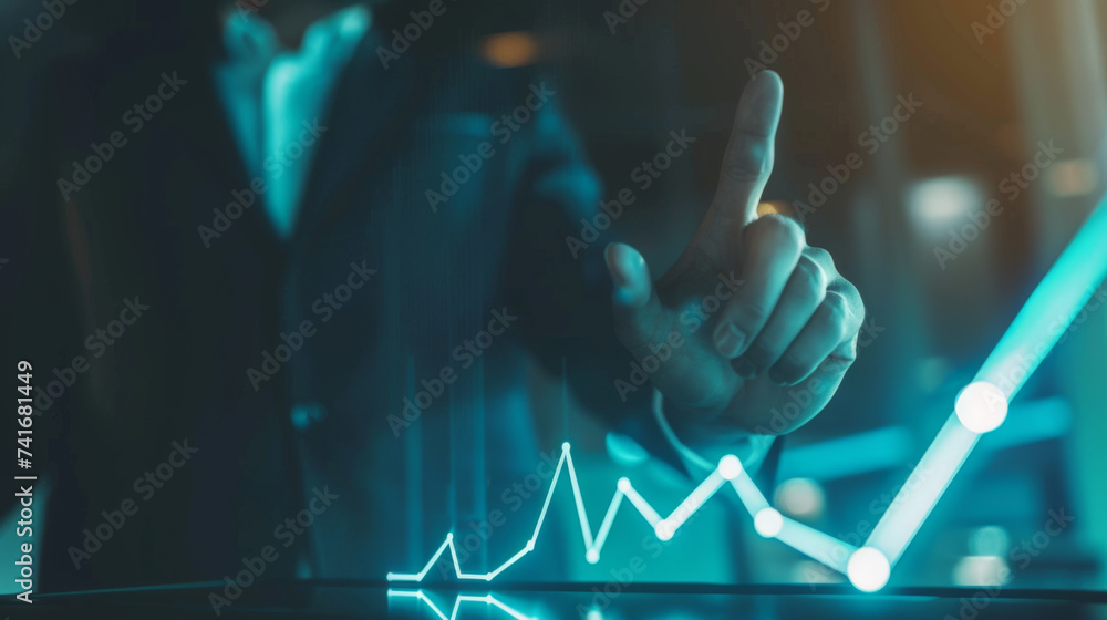 Poster close-up of a businessman's hand interacting with a futuristic digital interface with glowing graphs