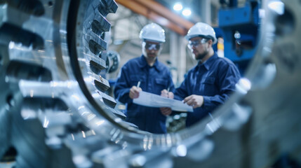 two engineers in safety helmets and blue work clothes are inspecting or discussing a large metallic turbine or machinery component in an industrial setting. - obrazy, fototapety, plakaty