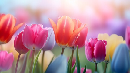 Champ de tulipes de toutes les couleurs. Nature, fleur, printemps, &eacute;t&eacute;. Arri&egrave;re-plan pour conception et cr&eacute;ation graphique.