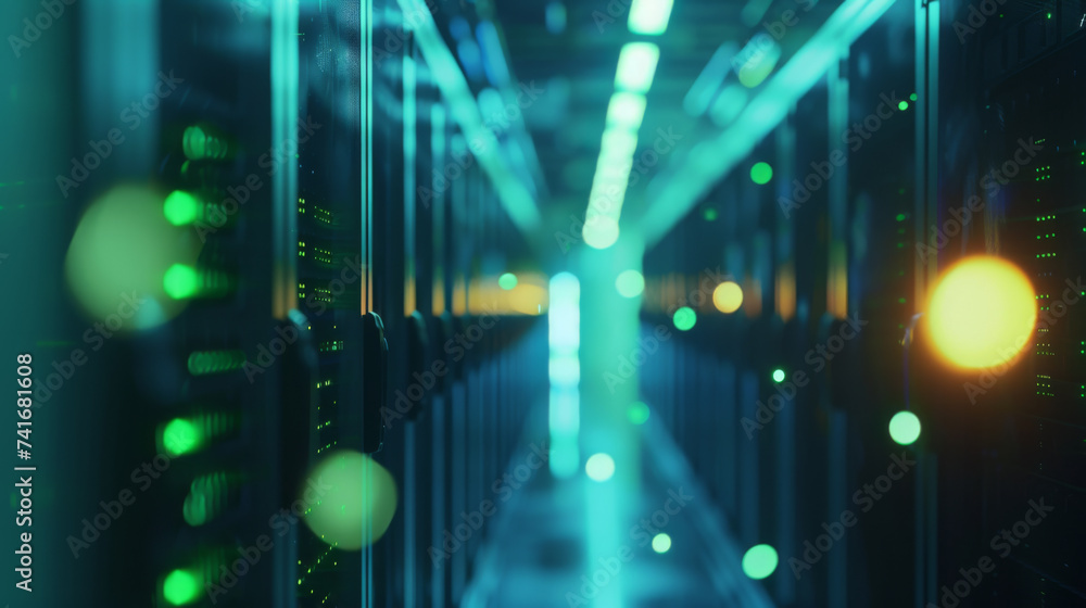 Poster blurred view of a data center with rows of server racks illuminated by blue and yellow led lights.
