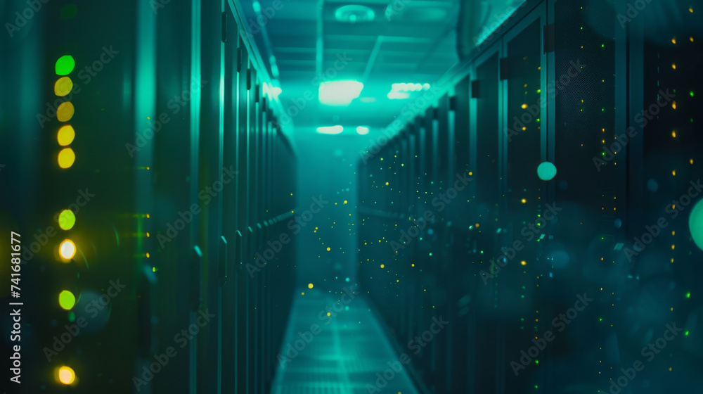 Poster blurred view of a data center with rows of server racks illuminated by blue and yellow led lights.