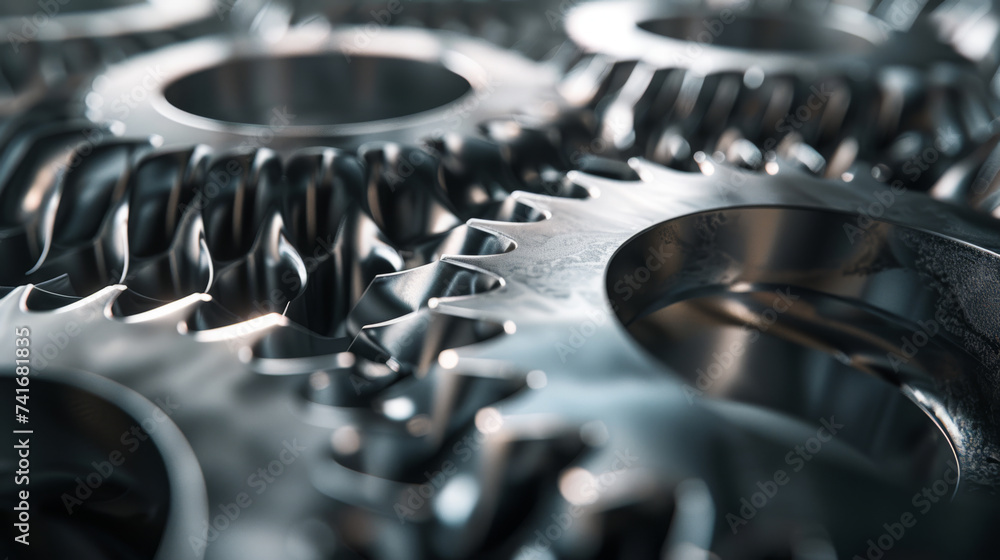 Poster close-up of interlocking gears or cogs, highlighting the intricate details and textures of the metal