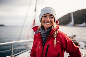 Portrait of a beautiful young woman in red jacket and hat on a sailboat