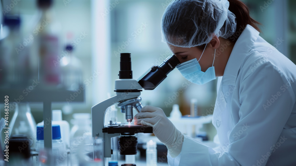 Poster scientist using a microscope in a laboratory setting, likely conducting research or analysis.