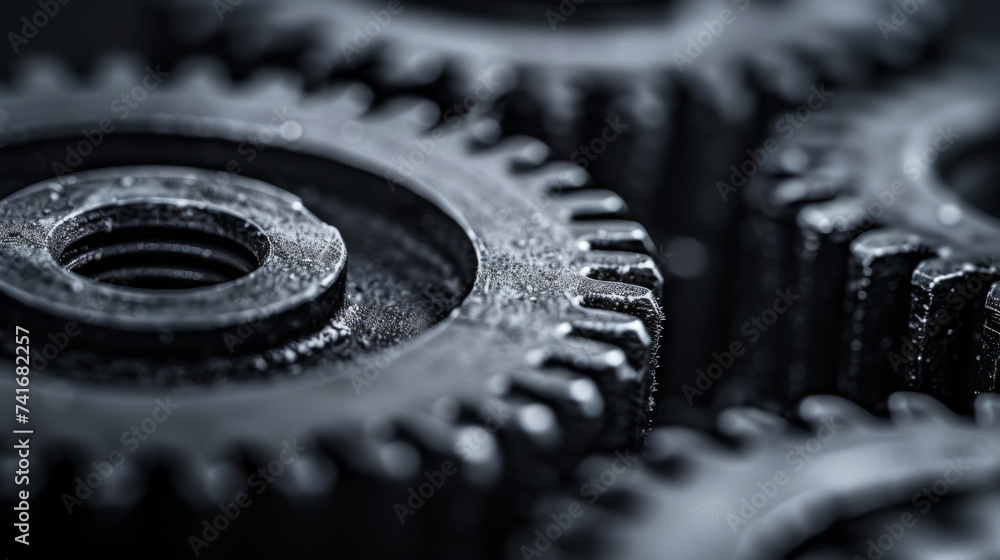 Poster close-up of interlocking gears or cogs, highlighting the intricate details and textures of the metal