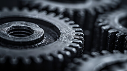 close-up of interlocking gears or cogs, highlighting the intricate details and textures of the...