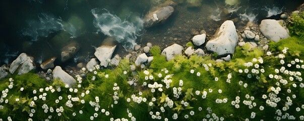 Obraz na płótnie Canvas Drone shot capturing lush greenery and wildflowers in stunning spring scenery. Concept Spring Scenery, Drone Photography, Lush Greenery, Wildflowers, Stunning View