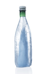Frozen mineral water in shape of bottle isolated on white background
