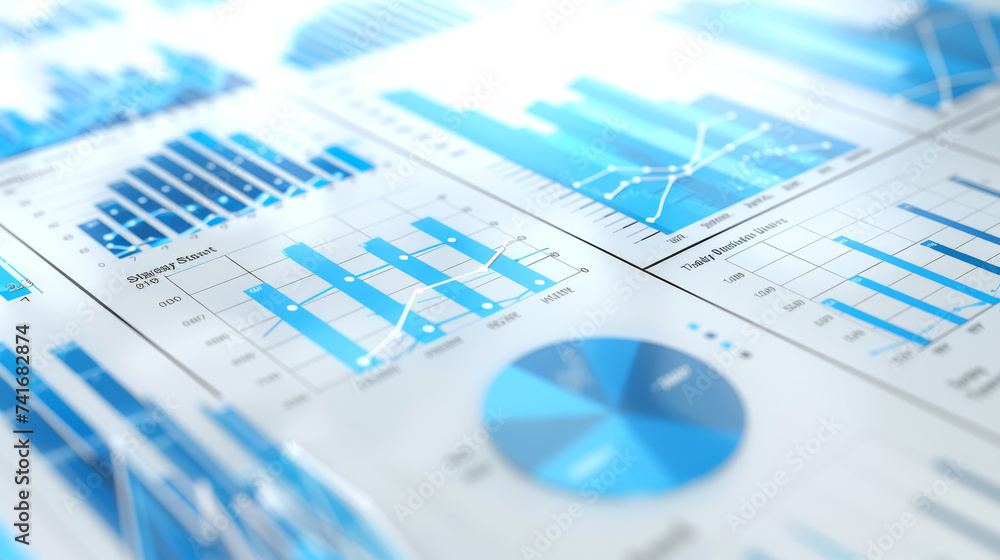 Poster close-up of various financial charts and graphs with a blue theme, highlighting different types of d