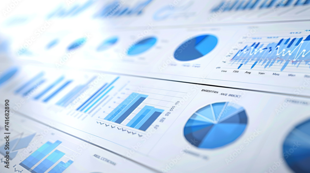 Poster close-up of various financial charts and graphs with a blue theme, highlighting different types of d