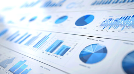 close-up of various financial charts and graphs with a blue theme, highlighting different types of data presentations such as pie charts, bar graphs, and line charts.
