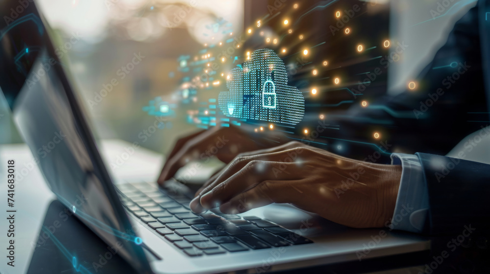 Poster person's hands typing on a laptop with a digital overlay of a secure cloud network graphic, implying