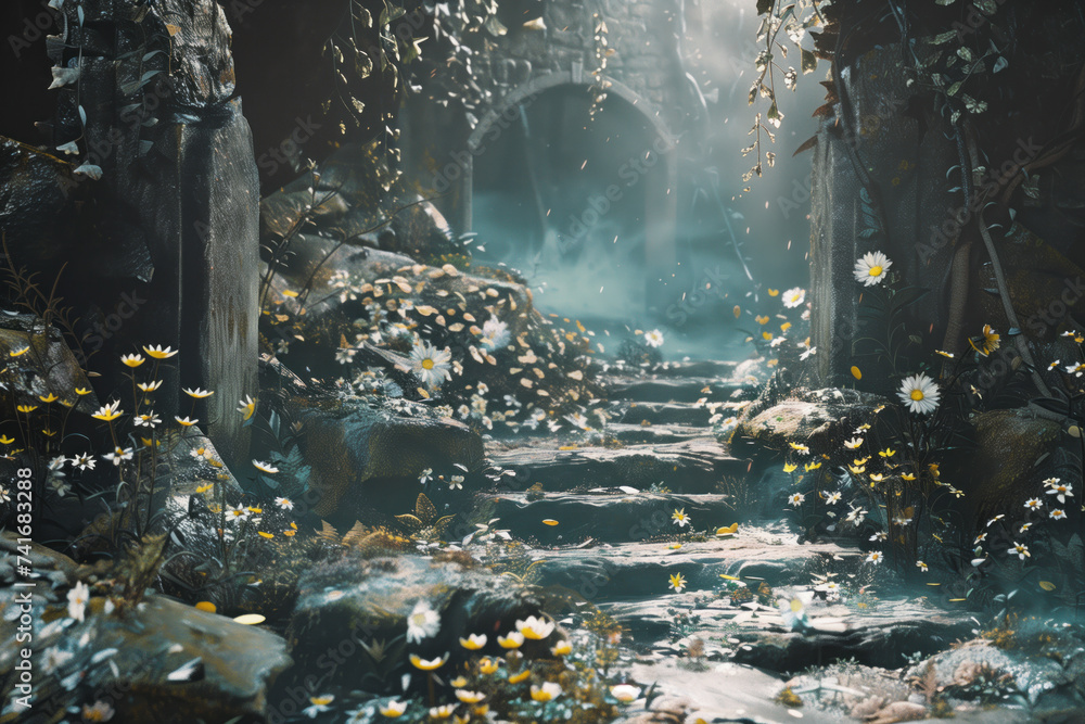 Poster a scenery for an adventurous quest. background image. created with generative ai technology.