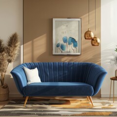 50s cozy interior of living room with central window with a stylish HB07 2-seater contemporary sofa with a modern and sleek design and minimalist aesthetic. The sofa is elevated on angled wooden legs