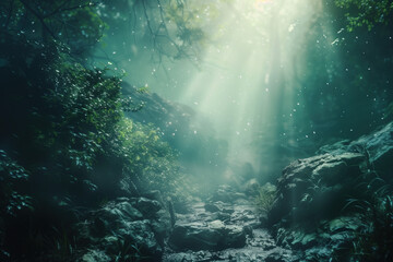 Light beams in the forest. A scenery for an adventurous quest. Background image. Created with Generative AI technology.