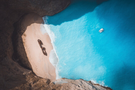 Aerial Drone view of the Navagio Shipwreck Beach, Zakynthos in Greece.
