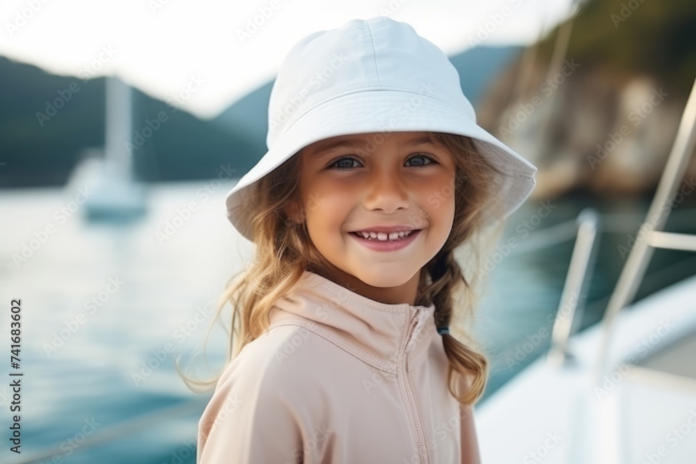 Poster Portrait of a cute little girl posing on a yacht at sunset