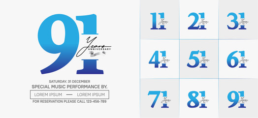 Set of Anniversary Logotype with silver ribbon, blue color can be use for special day celebration