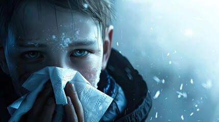 Portrait of a sick kid who has the flu blows nose into a tissue , winter cold and cough concept image. AI Generated