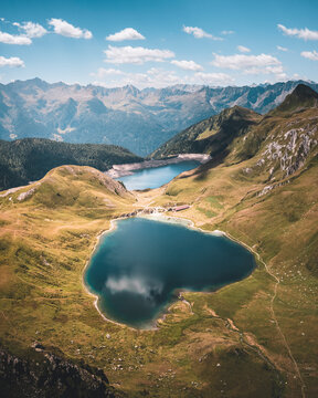 Aerial Drone view of the Ritom Lake during a summer day, Switzerland.